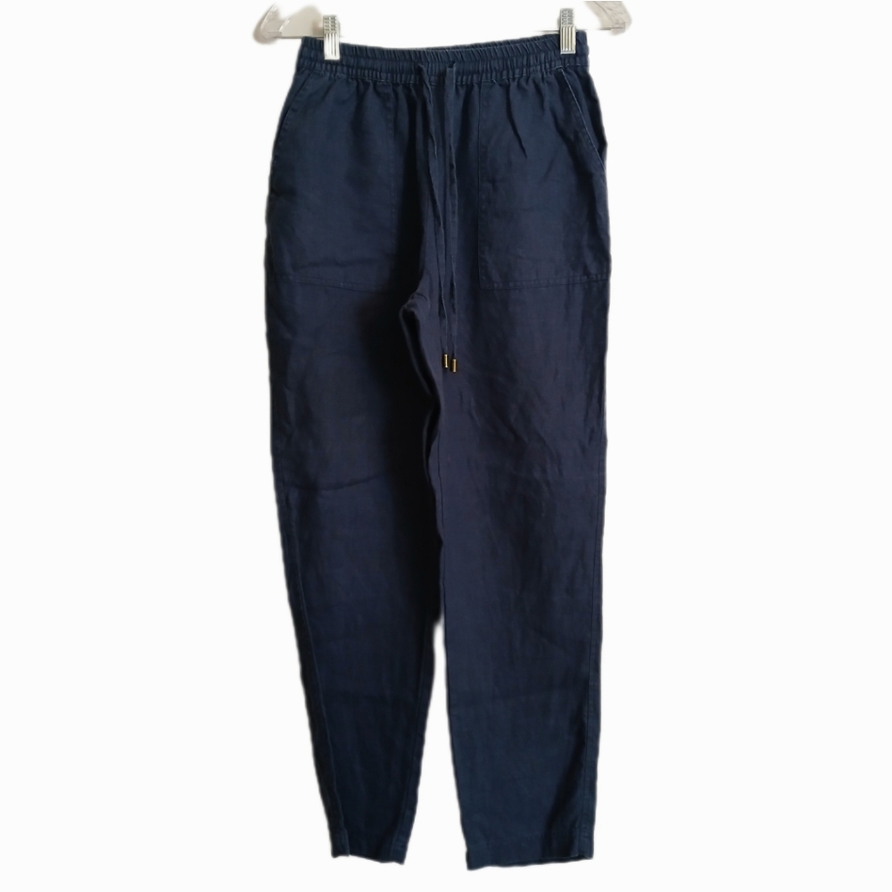 WoolOvers Size 4 100% Linen Navy Blue Drawstring Pants Slacks